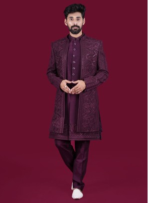 Jacket Style Wine Indowestern In Raw Silk