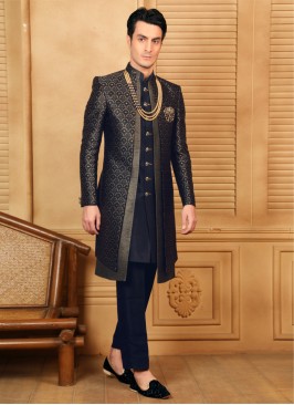 Jacket Style Zari Weaving Indowestern Set For Men