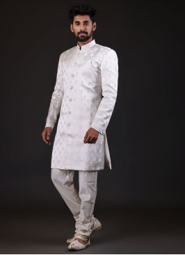 Jacquard Off White Indowestern For Men