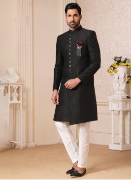 Jacquard Silk Black And Cream Indowestern Set