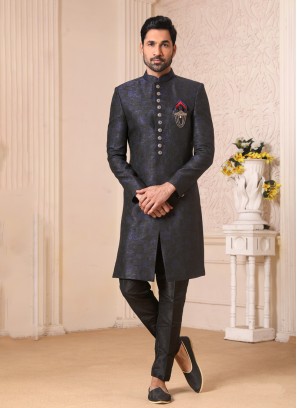 Jacquard Silk Black Indowestern Set For Men