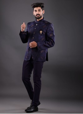 Jacquard Silk Blue Color Jodhpuri Suit