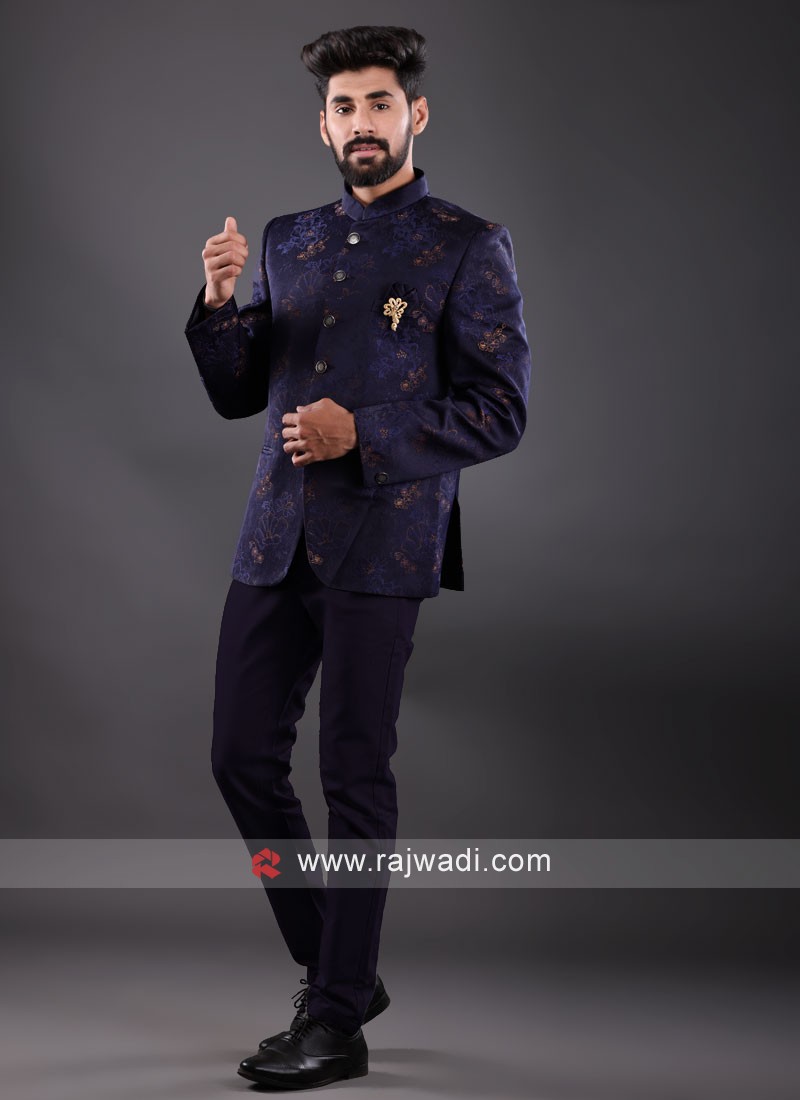 Jacquard Silk Blue Color Jodhpuri Suit