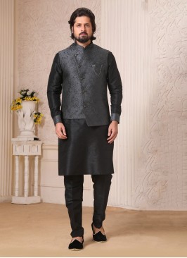 Jacquard Silk Dark Grey And Black Nehru Jacket Set