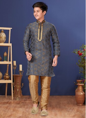 Jacquard Silk Dark Grey Weaving Kurta Pajama