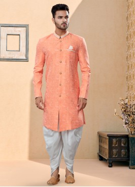 Jacquard Silk Dark Peach Indowestern Set