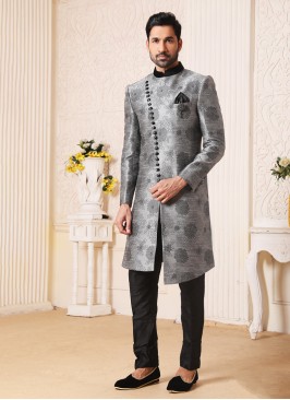 Jacquard Silk Grey And Black Indowestern Set