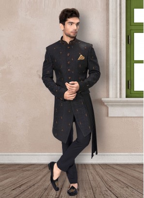 Jacquard Silk Indowestern In Black Color