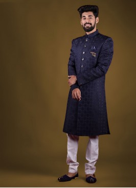 Jacquard Silk Indowestern In Blue color