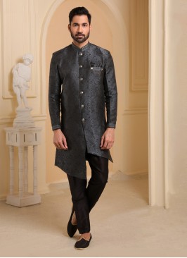 Jacquard Silk Indowestern Set In Black