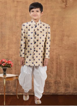 Jacquard Silk Indowestern Set In Cream Color