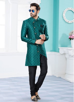 Jacquard Silk Indowestern Set In Green Color