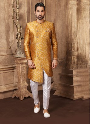 Jacquard Silk Indowestern Set In Mustard Yellow