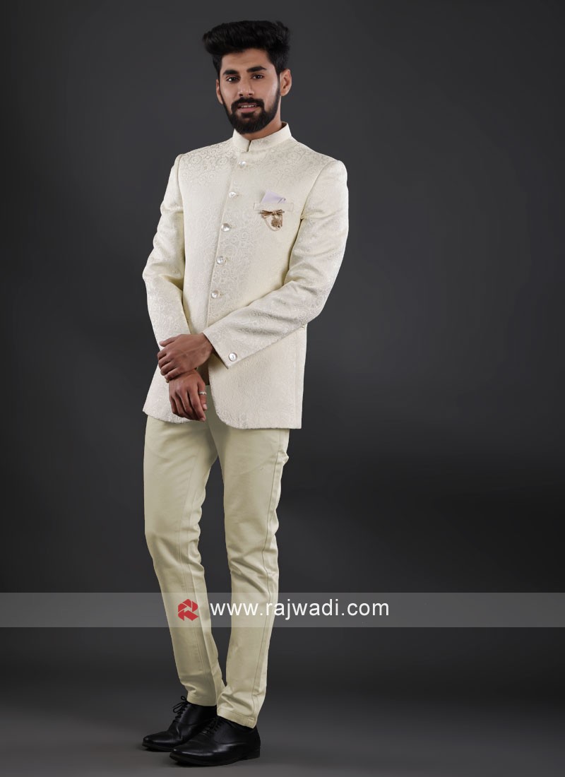Buy Cream Zardosi Embroidered Silk Jodhpuri Suit Online | Samyakk