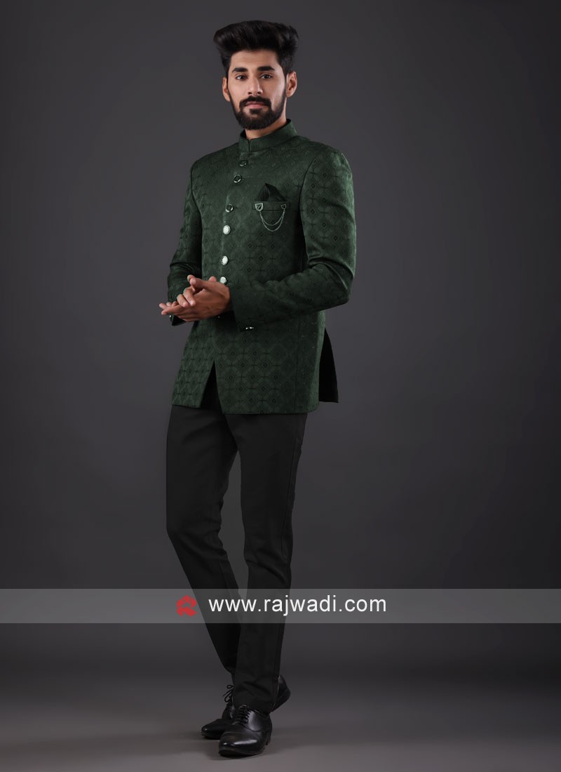 jacquard silk mehndi green color jodhpuri suit 36212