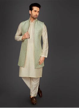 Jacquard Silk Pista Green Color Nehru Jacket Set