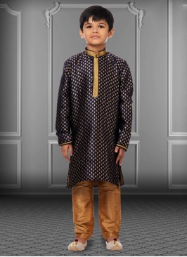 Jacquard Silk Readymade Dark Navy Blue Kurta Pajama