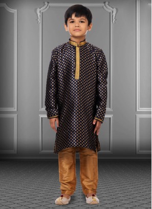 Jacquard Silk Readymade Dark Navy Blue Kurta Pajama