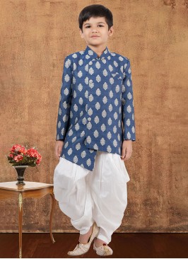 Jacquard Silk Royal Blue Dhoti Style Indowestern Set