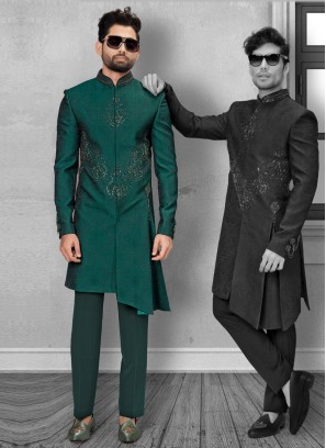 Jacquard Silk Stylish Indowestern In Green