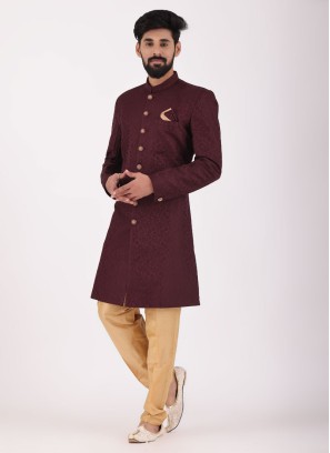 Jacquard Silk Wine Indowestern For Men