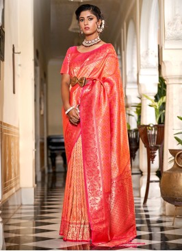 Orange and Pink Jacquard Work Banarasi Silk Designer Saree