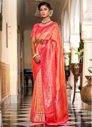 Orange and Pink Jacquard Work Banarasi Silk Designer Saree