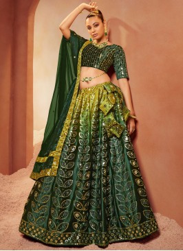 Shaded Green Sequins Embroidered Velvet Lehenga Choli