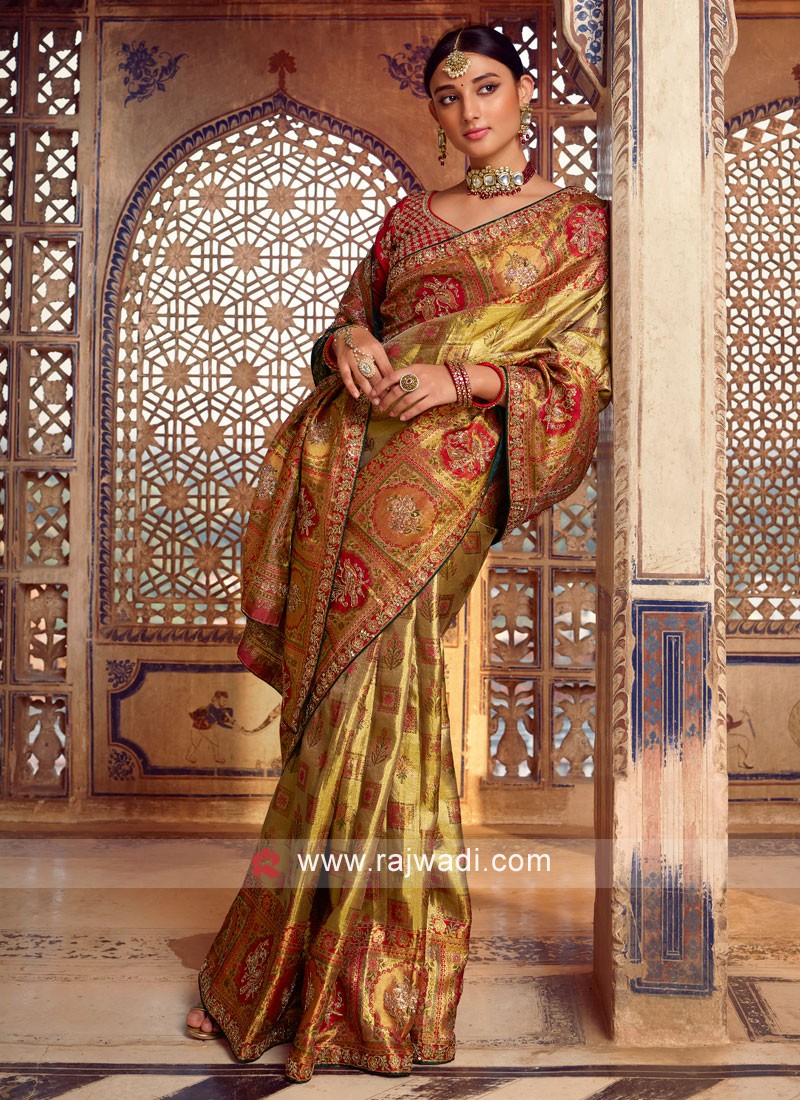 Kanjivaram Silk Golden And Pink Wedding Saree