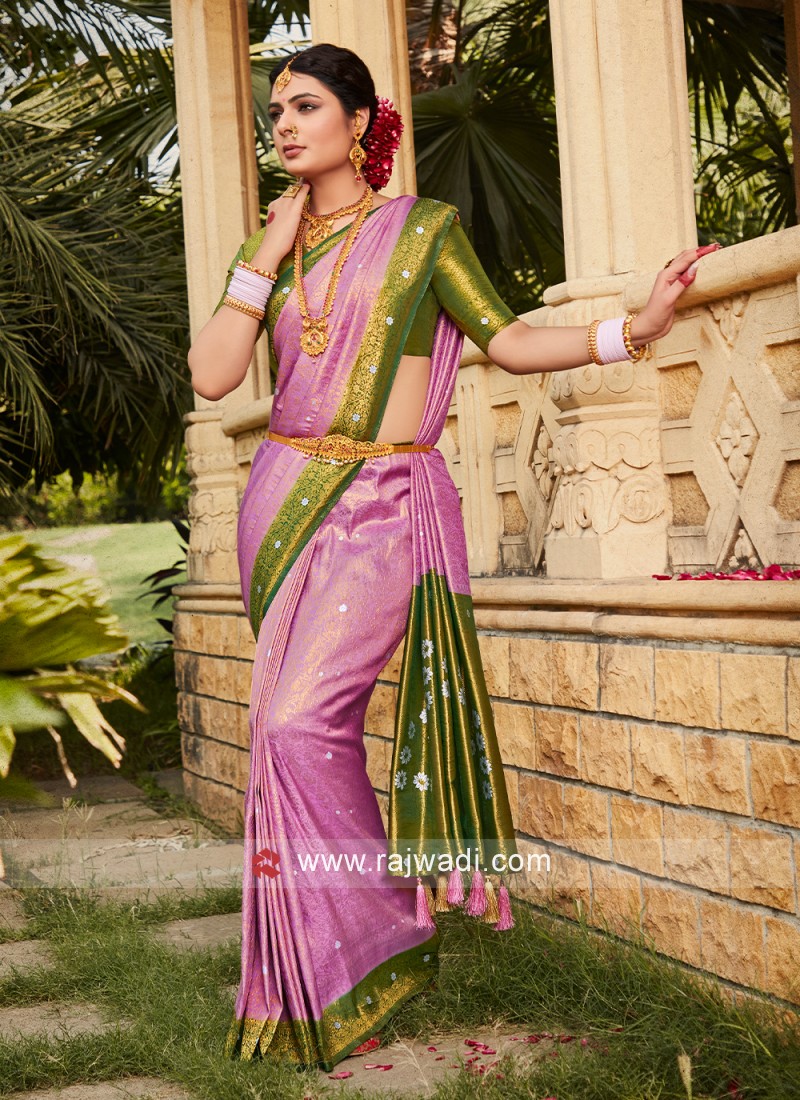 Pink & Green Woven Kanjivaram Silk Festive Saree