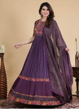 Kashmiri Work Marble Chiffon Gown In Purple