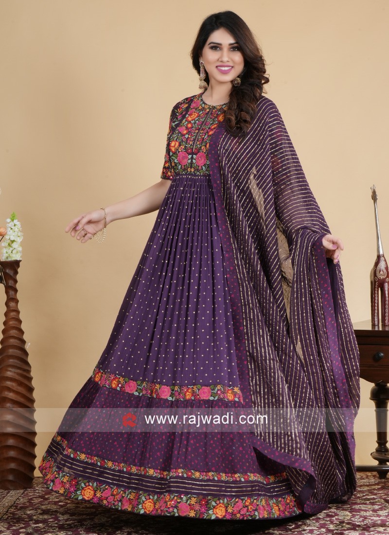 Kashmiri Work Marble Chiffon Gown In Purple