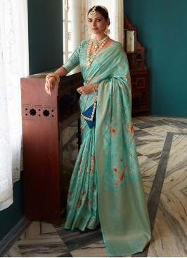 Aqua Blue Floral Printed Soft Silk Saree