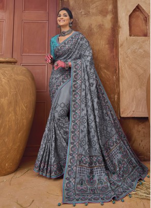 Dark Grey Kachhi Embroidered Banarasi Silk Saree