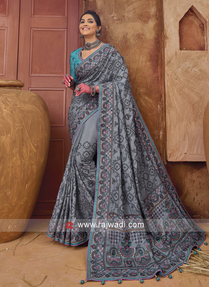 Dark Grey Georgette Embroidered Saree