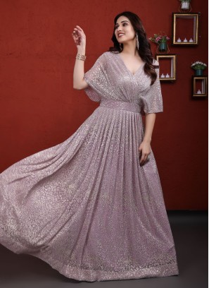 Lavender Net Glitter Zari Work Gown