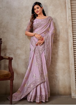 Lavender Silk Sequins Embellished Wedding Saree