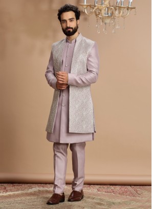 Lavender Silk Wedding Wear Nehru Jacket Suit