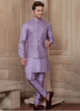 Lavender Thread Embroidered Nehru Jacket Set For Men