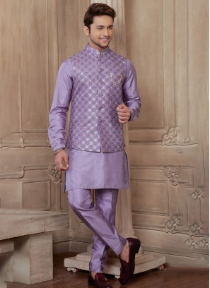 Lavender Thread Embroidered Nehru Jacket Set For Men