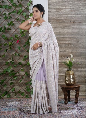Lavender Wedding Wear Chiffon Saree