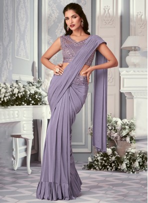 Party Wear Ready Pleated Lilac Saree