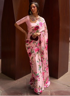 Lavish Pink Floral Satin Party Wear Saree