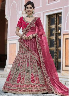 Lehenga Choli Patch Border Velvet in Hot Pink