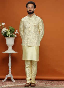 Lemon Yellow Embroidered Nehru Jacket In Silk