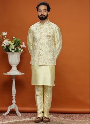 Lemon Yellow Embroidered Nehru Jacket In Silk