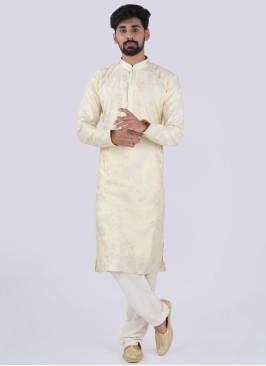 Lemon Yellow And White Silk Kurta Pajama