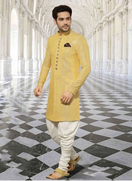 Lemon Yellow Color Indowestern In Raw Silk