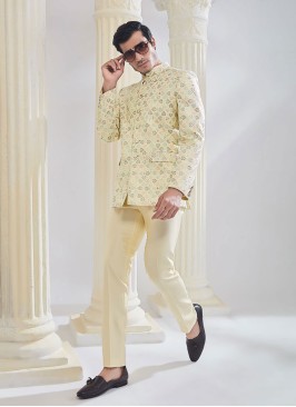 Lemon Yellow Embroidered Asymmetric Jodhpuri Suit