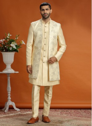 Lemon Yellow Sequins Embroidered Nehru Jacket Set